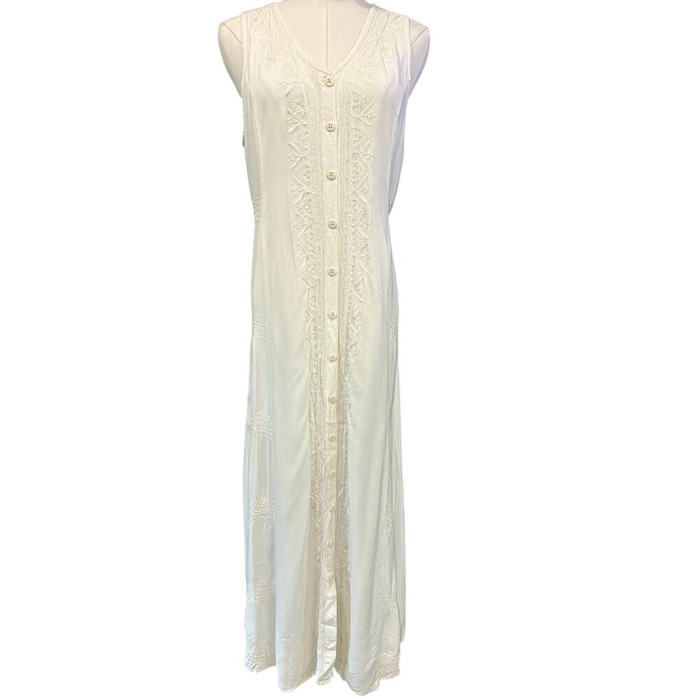 Blue Sky Boho Maxi Dress Ivory Rayon Embroidered Summer Button Front